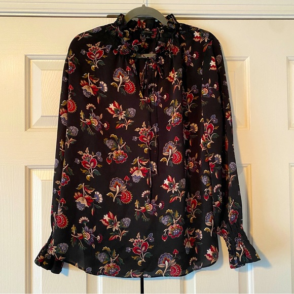 Ann Taylor Black Ruffle Long Sleeve Floral Print Blouse, M - Picture 1 of 11